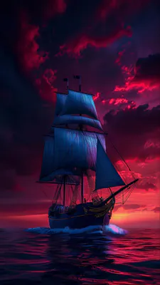 Ship, Sail, Sea, Night, Sky