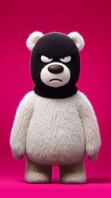 Bear, Teddy Bear, Black Balaclava, Angry Character, Pink Background, White Fur, 3D Character, AI Art