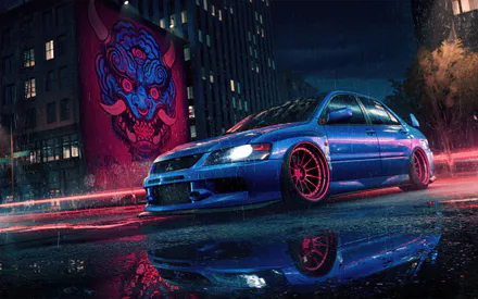 Car, Blue Sedan, Tuning, Night City, Rain, Neon Lighting, Graffiti, Reflection in a Puddle