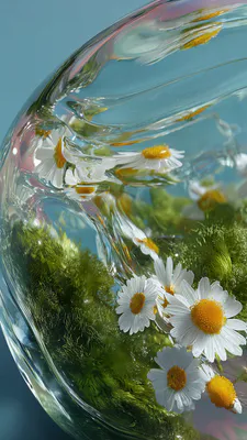 Ромашки, Цветы, Стекло, Вода, Лепестки, Природа, Голубой фон, AI Art