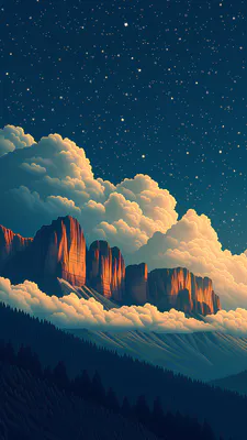 Mountains, Rocks, Clouds, Starry Sky, Night Landscape, Coniferous Forest, Digital Illustration, AI Art