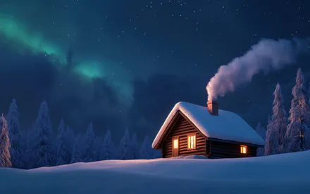 Зима, Сніг, Хатинка, Будинок, Ліс, Північне сяйво, Полярне сяйво, Ніч, Затишок, Дим, Зорі, Пейзаж, Світло, Природа, Ялини