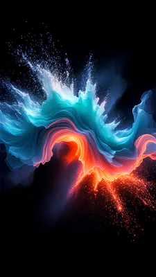 Абстракция, Всплеск, Энергия, Огонь, Вода, Неон, Синий, Оранжевый, Красный, Черный фон, Цифровое искусство, Динамика, Линии, Вертикаль, Градиент