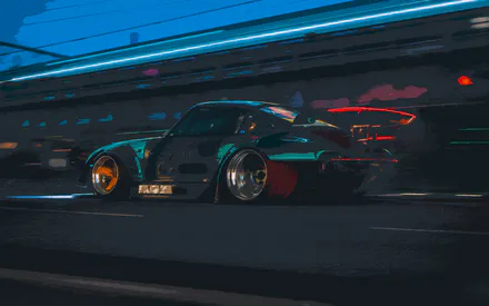 Авто, Порше, Скорость, Дрифт, Ночной город, Фары, Неон, Киберпанк, Размытие, Привод, Искусство, Спорткар, Синий, Трек, Синий, Красный