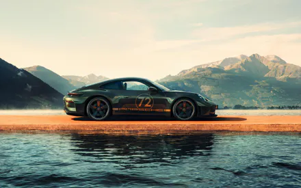 Porsche, 911 GT3, Спорткар, Авто, Горы, Озеро, Вода, Природа, Пейзаж, Утро, Туман, Темно-зеленый, Стиль, Роскошь, Немецкие автомобили, Путешествие