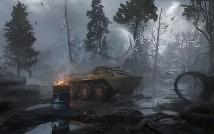 Искусство, Цифровая иллюстрация, Серия, Мрачный, Выживание, Броневик, Военная машина, Аномалия, Сталкер, Зона отчуждения, Постапокалипсис, Туман, Болото, Лес, Пещера, Заброшенный