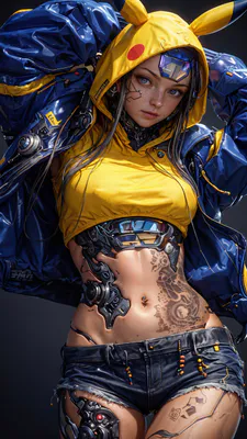 Girl, AI Art, AI Generated, Hoodie, Pikachu, Cyberpunk