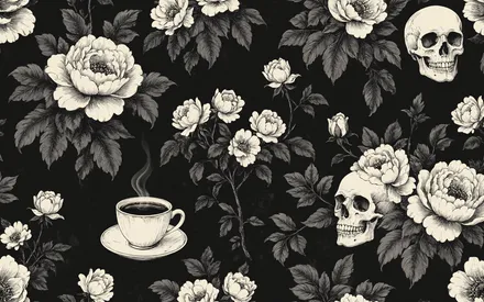 Кофе, Череп, Цветы, Чёрно белый, Принт, Обои на рабочий стол