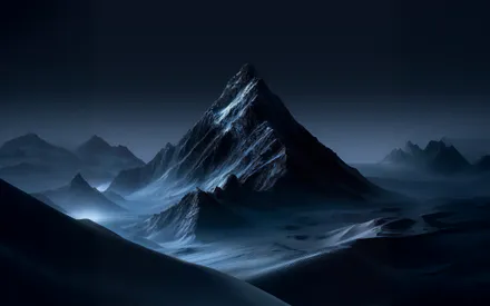Горы, Ночь, Темный пейзаж, Туман, Холодные тона, Вершина, Минимализм, Атмосфера