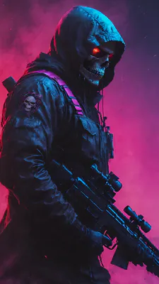 Скелет, Военные, Футуризм, Киберпанк, Неон, Красный, Синий, Оружие, Капюшон, Темно, Искусство
