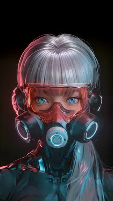 Респиратор, Защитные очки, Серебряные волосы, Бирюзовые глаза, Наушники, Неоновая подсветка, Кибернетический костюм, Портрет, Amoled