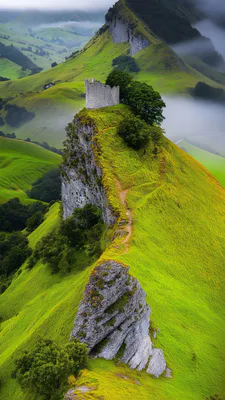 Руїни, Гори, Туман, Зелені пагорби, Скелі, Стежка, Лісові дерева, Атмосферно