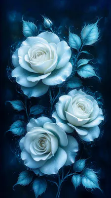 Розы, Голубые, Лепестки, Листья, Фэнтези, Макро, Темные тона