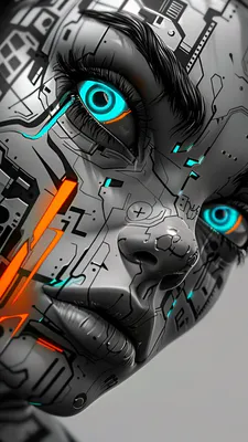 Кіберпанк, Неон, Робот, Жіночий портрет, 3d-арт, Футуризм, Синє світло