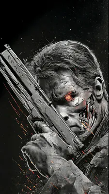 Робот, Механическое лицо, Красный глаз, Пистолет, Гранж, Черно-белый, Концепт-арт, Портрет, Amoled