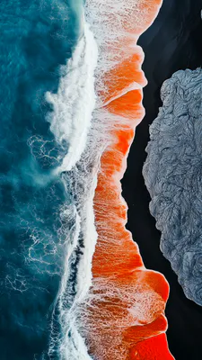 Океан, Хвилі, Чорний пісок, Аерофото, Узбережжя, Контрастні кольори, Біла піна