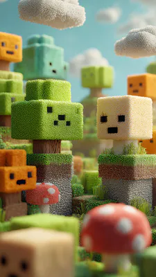Minecraft, Voxel, Блоки, Деревья, Грибы, Милое, Зеленый, Облака