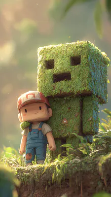 Ребенок, Кепка, Мох, Листья, Creeper, Chibi, Сказка, Природа