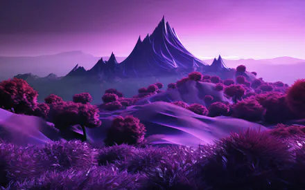 Фентезі, Сюрреалізм, Гори, Туман, Вигнуті скелі, Дивна рослинність, Пурпурні холми