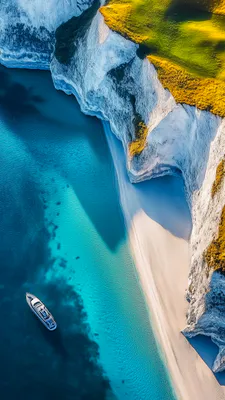 Пляж, Скалы, Яхта, Бирюзовая вода, Песок, Аэрофото, Морской пролив