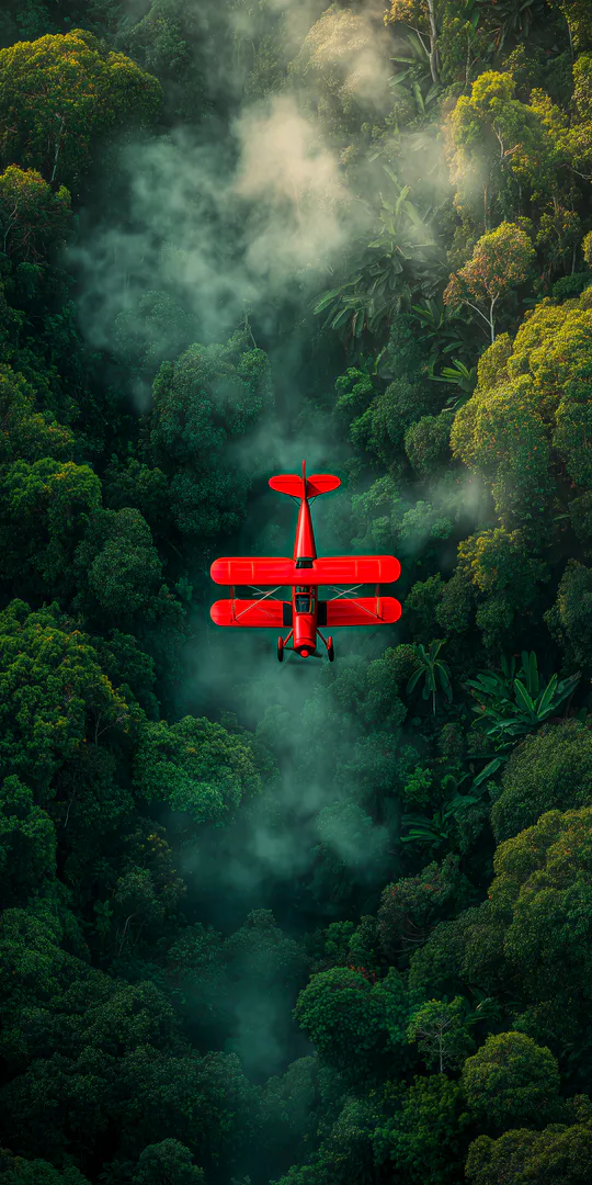 Шпалери на телефон: Червоний біплан у джунглях