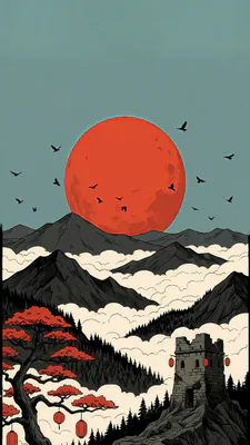 Гора, Птицы, Лес, Башня, Фонари, Облака, Азиатские, Иллюстрации