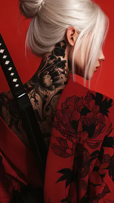 Белые волосы, Татуировки на шее, Кимоно с цветами, Катана на спине, Портрет в профиль, Красный фон, Флористический орнамент