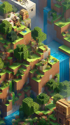 Водоспад, Ліс, Дерева, Блоки, Річка, Хатини, Ізометрія