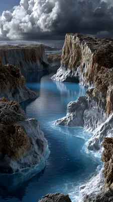 Каньон, Скалы, Голубая вода, Облака, Пейзаж, Берег, Небо