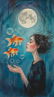 Подводный мир, Девушка, Золотая рыбка, Луна, Акварель