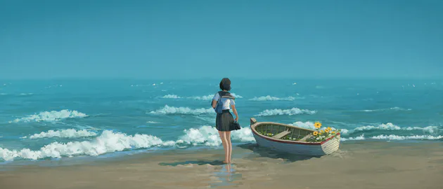 Девушка, Море, Лодка, Пляж, Волны, Аниме, Морской пейзаж, Ultrawide