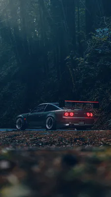 Nissan, Спорткар, Купе, Автомобіль, Ліс, Червоні ліхтарі, Спойлер, Нічна атмосфера