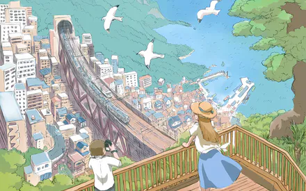 Anime, Illustration, Cityscape, Sea, Seagulls, Girl, Boy, Railway, Observation Deck