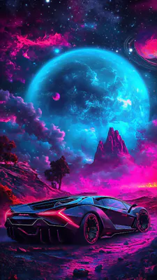 AI Art, Neon, Car, Moon, Stars, Futuristic