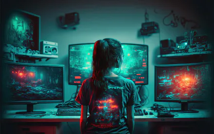 Мониторы, Игры, Неон, Киберпанк, Девушка, Клавиатура, Технологии, AI Art