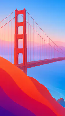 Подвесной мост, San Francisco, Иллюстрация, Пейзаж, Яркие цвета, Минимализм, Силуэт, AI Art