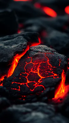 Угли, Жар, Черный-красный, Макро, Огонь, Трещины, Amoled