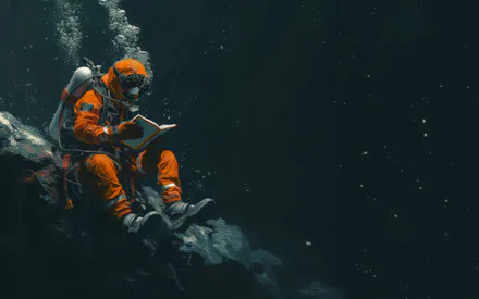 Скафандр, Книга, Пузыри, Темный океан, Каменистое дно, Оранжевый костюм, Цифровая иллюстрация, Научная фантастика, AI Art
