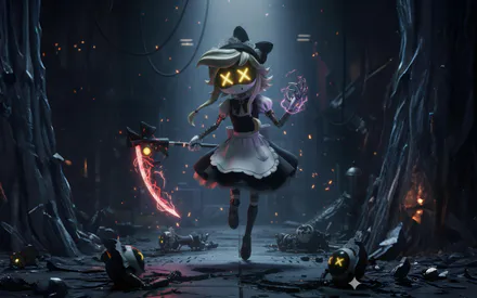 Аниме, Робот, Киберпанк, Серп, Светящиеся глаза, Механические руки, Подземелье, 3d-рендер, Фэнтези, AI Art