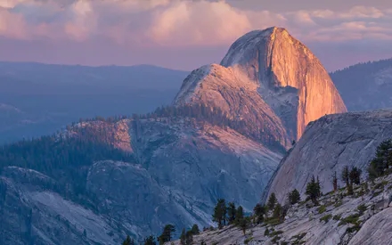Горы, Гранит, Скала, Лес, Облака, Yosemite, Розовые оттенки, Сосны