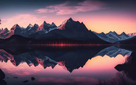 Горы, Отражение, Озеро, Закат, Розовое небо, Снег, Силуэты деревьев, Спокойствие, AI Art