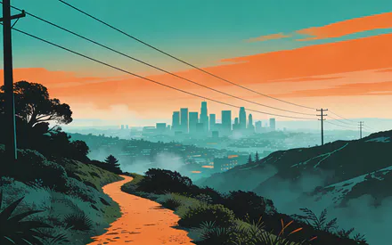 Городской силуэт, Тропа в горах, Туман, Силуэты деревьев, Линии электропередач, Теплые градиенты, Пейзаж, Ретро палитра