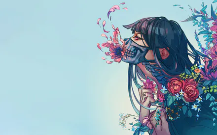 Девушка, Аниме, Черепный мотив, Лепестки, Длинные волосы, Флора, Пастельные цвета, Эмоциональная