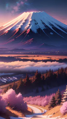 Фантазия, Вулкан, Снег, Сумерки, Розовые деревья, Звездное небо, Туман, Тропа, AI Art