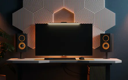 Монитор, Колонки, Клавиатура, Мышь, Led-подсветка, Геометрический декор, Минимализм, Комнатное растение, Настольный ПК, AI Art