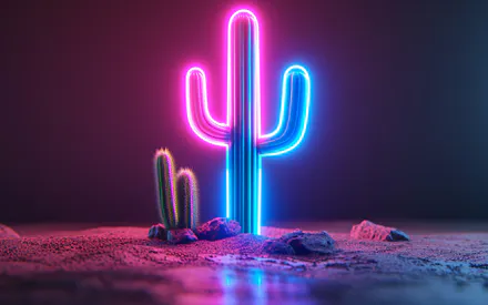 Неон, Пустыня, 3d, Футуристический, Розово-голубой, Светодиоды, Песок, Камни, AI Art