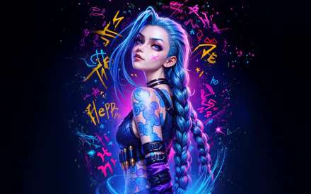 League of Legends, Синие волосы, Длинные косы, Татуировки, Граффити, Фиолетовые оттенки, Цифровая иллюстрация, Amoled