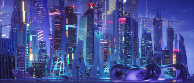 Киберпанк, Будущее, Небоскребы, Ночь, Футуристический автомобиль, Светодиодные вывески, Архитектура, AI Art, Ultrawide