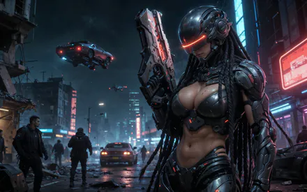 Киберпанк, Киборг, Женщина, Мегаполис, Летающие автомобили, Боевая броня, Неоновое освещение, Энергетическое оружие, Футуристический, AI Art