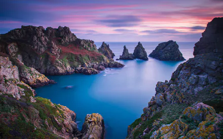 Скалы, Море, Океан, Скалистые острова, Пастельное небо, Длительная выдержка, Прибрежная растительность